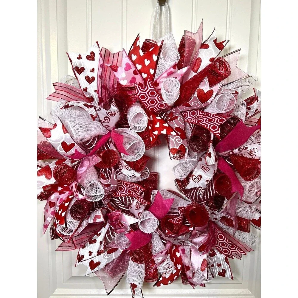 Handmade 22” Valentine’s Day Ribbon Mesh Wreath Hearts in Red & Pink w22